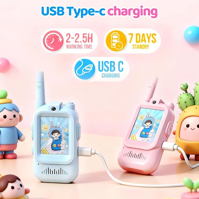 Video Walkie Talkies for Kids, 2 Pack Rechargeable Kids Walkie Talkies with HD Camera, Real-Time Video Chat, Voice Changer, 1000FT Range, Outdoor Toys for Boys Girls Ages 3-12(Baby Blue/Baby Pink)