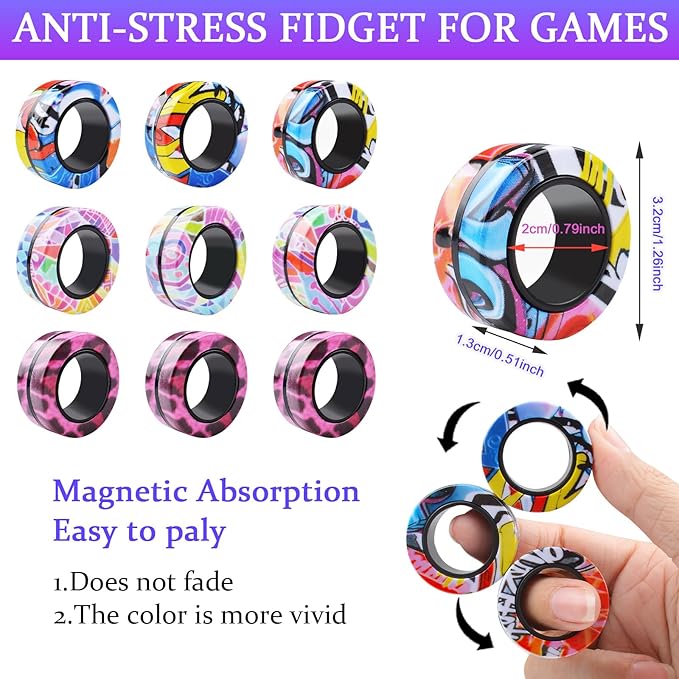 Cevioce 9Pcs Magnetic Rings Fidget Toy Set, ADHD Anxiety Magnetic Fidget Toys Adults Fidget Spinner Rings for Relief, Valentines Day Gifts Gifts for 8+ Year Old Teen Boy Girl Easter Basket Stuffers C