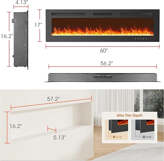 60 inch Ultra-Thin Electric Fireplace Recessed and Wall Mounted with Touch Screen Control Panel/Remote Control- Timer,Realistic 5 Flame - Log & Crystal Hearth Options