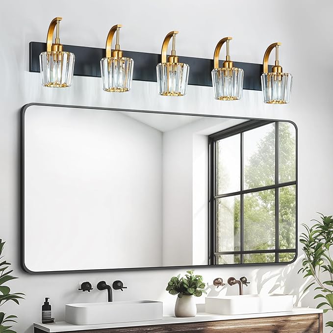 FDPBY Modern Bathroom Vanity Light, 5-Light Black Gold Wall Sconce with Crystal Accents, Over Mirror Bathroom Lighting Fixture, 42.52" Long Dimmable Vanity Lamp for Makeup, Easy Installation