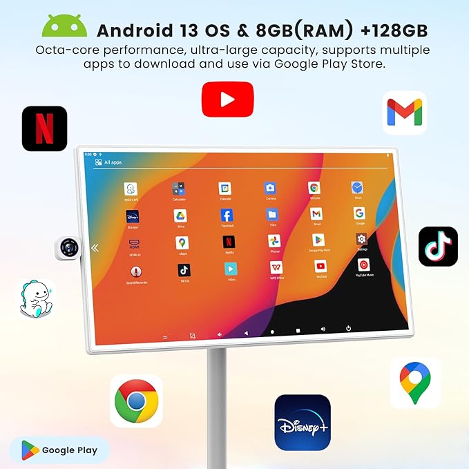 BIGASUO 32-Inch Portable Smart Screen 1080p Portable Monitor with Rotatable Touch Screen, 8G RAM+128G Storage, Android 13 OS, Built-in Battery(4-6H), Rolling TV on Wheels, Remote Control