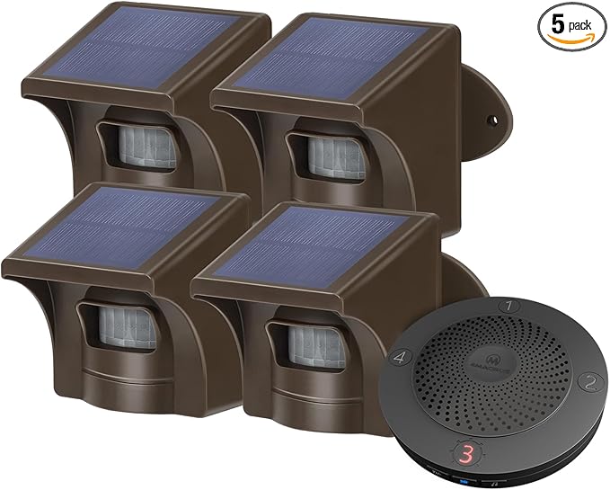 eMACROS Solar Wireless Driveway Alarm — 1/2 Mile Long Range Motion Sensor for Long Driveways, Homes & Large Properties, Outdoor Weatherproof Security Alert System (1 Base Station with 4 Sensors)