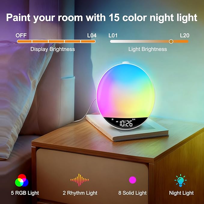 DreamSky Sunrise Alarm Clock Radio for Bedroom with Sound Machine - Dual Wake up Light Alarm Clock for Kids Adults, Digital FM Radio, Bluetooth Speaker, 26 Sleep Sounds for Baby, Dimmable Night Light