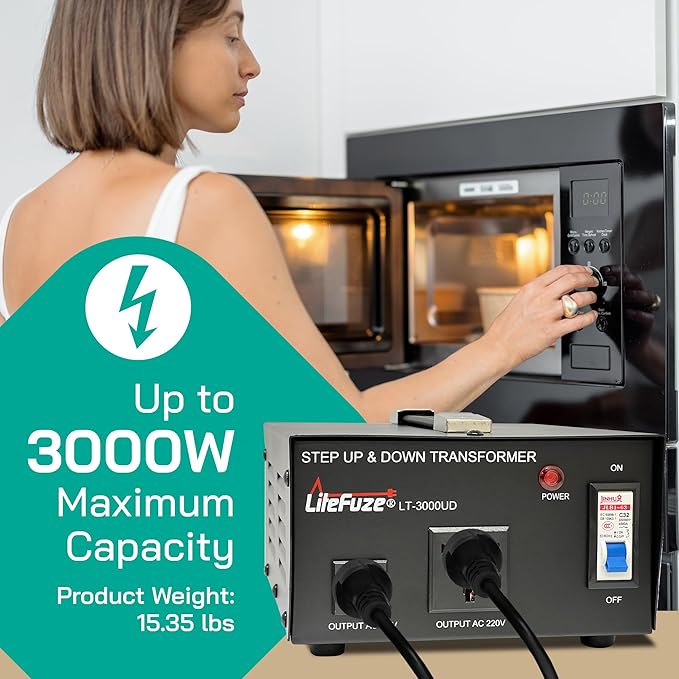 LiteFuze 3000 Watt Voltage Converter Transformer Step Up/Down - 110v to 220v / 220v to 110v Power Converter - Fully USA Grounded Cord - Universal Outlet Socket, CE Certified
