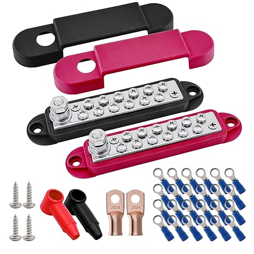 1/4" Stud Power Distribution Block Bus Bar with 12 x #8 Screws, Ampper 5.3" 12V 150A Marine BusBar Battery Distribution Block Kit W/Cover for Car Boat Solar (Red & Black)