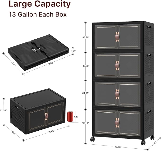 Extra Large Stackable Storage Bins with Lids & Wheels, 220QT-55QT/14GAL*4Pack Foldable Collapsible Closet Organizers Dark Storage Cabinet with Doors for Bedroom Dorm