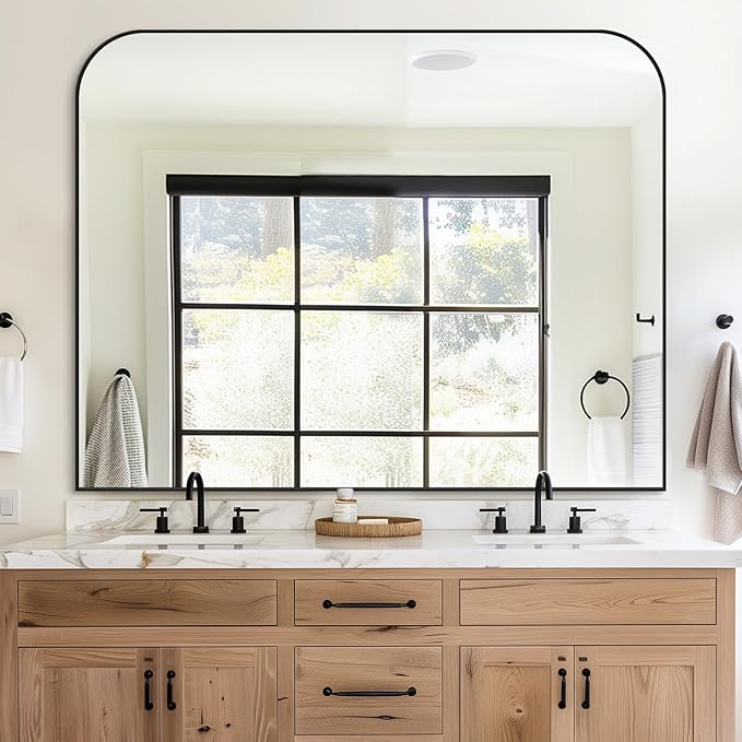 Bathroom Mirror, Wall Mirrors, Black Metal Framed Wall-Mounted Mirrors, Bathroom Vanity Mirror for Over Sink, Living Room, Bedroom, Entryway, 48x40 Inch, Black