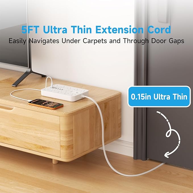 Flat Extension Cord with USB and USBC Ports, 5FT Extension Cord with 10 AC Outlet 6 USB, 1 Switch & 2 LED Indicator, USB Charging Station for Multiple Devices, for Home, Office, Dorm Essentials
