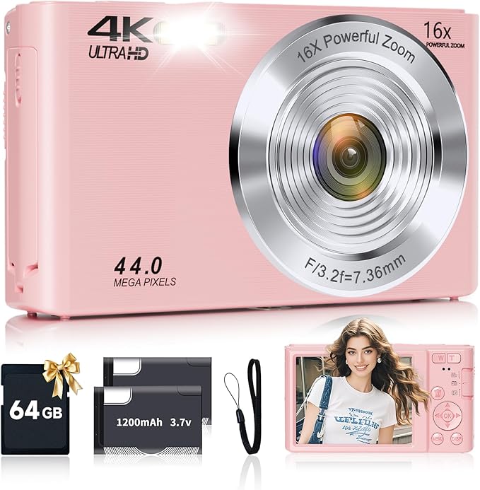 Digital Camera, FHD 4K Autofocus Digital Camera Pink by SMARTKLIK