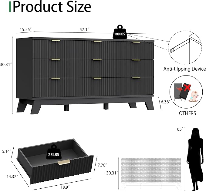 Xixini Fluted Dresser for Bedroom with 9 Drawers, 57" Wide Chest of Drawers with Metal Handle, Modern Wood Dresser TV Stand, Wooden Closet Clothes Storage Organizer for Living Room, Hallway, Black