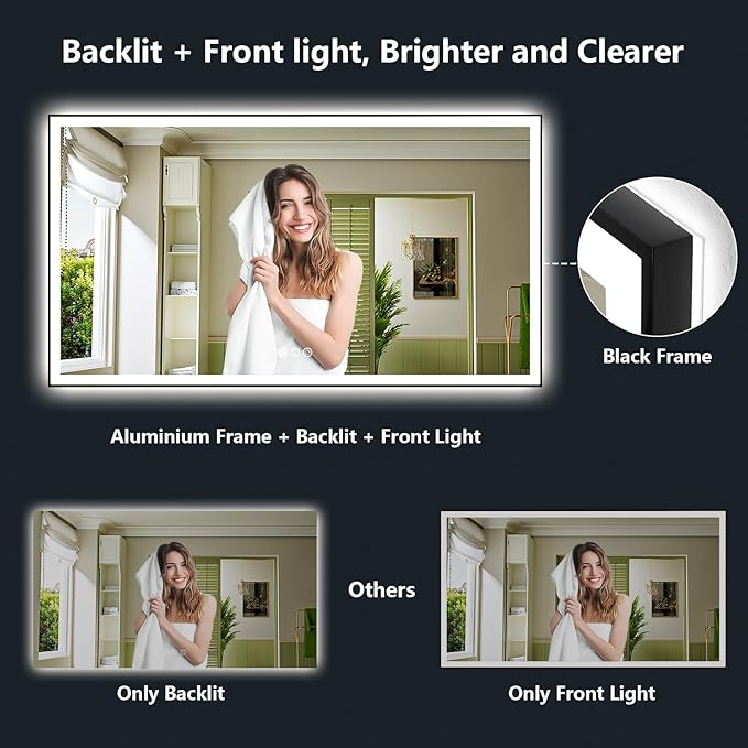 YEELAIT 60x40 Inch LED Bathroom Mirror with Lights (Front Lit and Backlit) Black Framed Lighted Vanity Mirror for Bathroom Wall Dimmable Anti-Fog Memory Tempered Glass Horizontal/Vertical