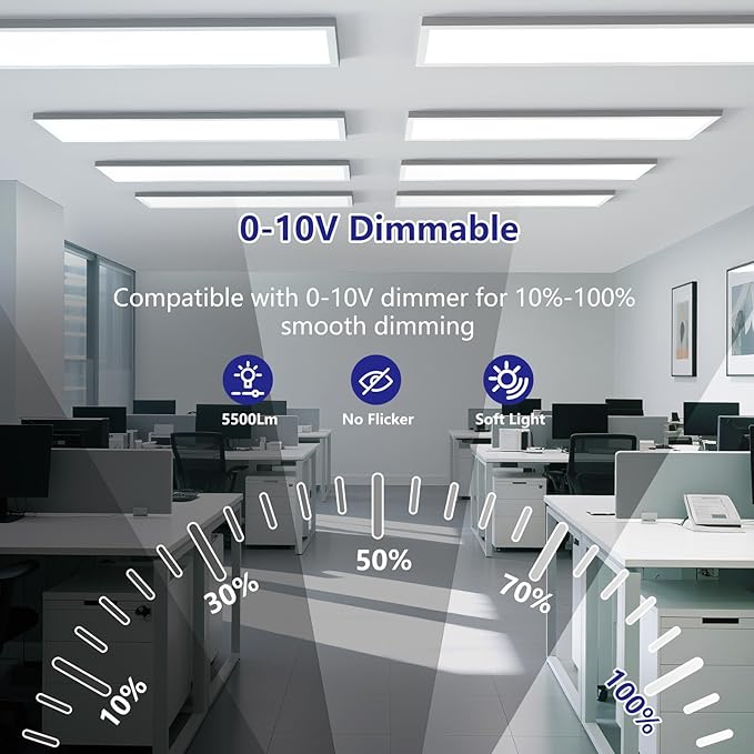 AIKVSXER 1x4 Led Flat Panel Light Surface Mount-6 Pack, 50W 5500Lm Dual Selectable 5CCT 3000K/4000K/5000K/5700K/6500K and Wattage 30-50W 0-10V Dimmable Ceiling Light Fixture for Kitchen/Laundry