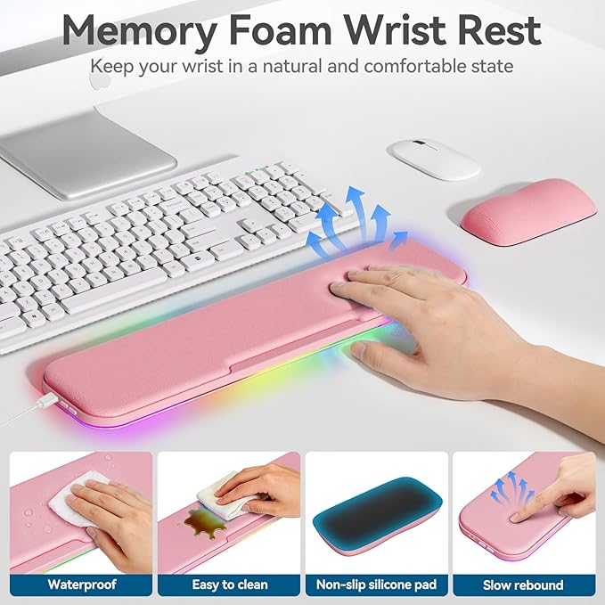 KONDOUND 2-in-1 Heated Wrist Rest Set, Ergonomic Memory Wrist Pad with RGB Lights and Non-Slip Base, Keyboard Mouse Wrist Rest for Computer Laptop Office Work and PC Gaming