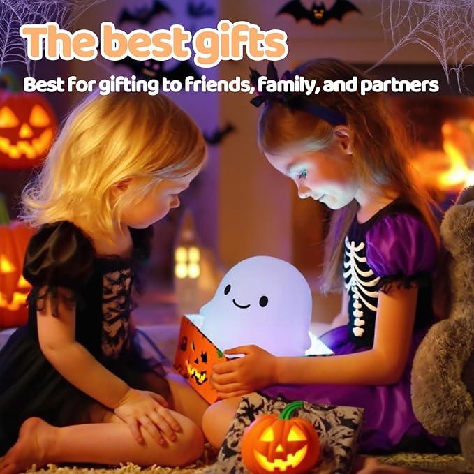 Rytinazzz Halloween Ghost Night Light, Color-Changing & 50-Hour Battery, Spooky-Cute Squishy Lamp for Kids, USB Rechargeable with Timer, Halloween Decor & Gifts