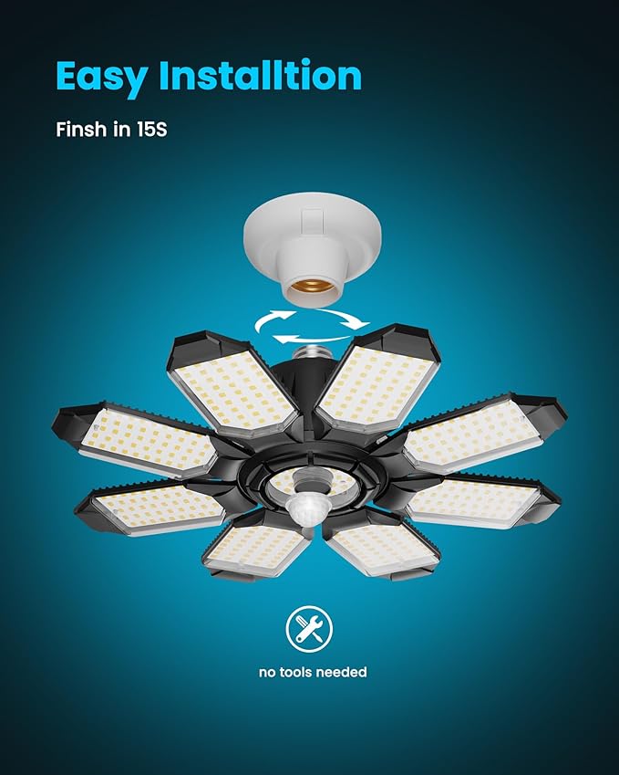 ryoza Motion Sensor Garage Lights 2 Pack, 25000LM Motion Activated Shop Light with 8+1 LED Deformable Panels, 360° Detection, Motion Sensor Ceiling Light for Garage, Workshop, Basement, Laundry Room