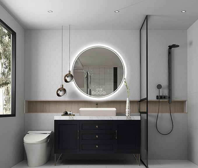 Wall-Mounted Round Bathroom Mirror with LED-Lights - 32 Inch Vanity Mirrors with Dimmable (32" x 32",Frameless)