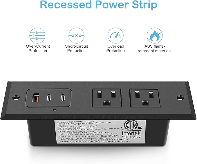 CCCEI Recessed Power Strip with Two USB-C Ports, Fast Charging USB A Port Desk Outlet, Black Furniture Hidden Charging Station for Side Table, End Table, with 10 FT 45 Degree Flat Plug Extension Cord.