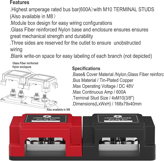 AMOMD 600A 48V Bus Bar Box 4 Stud (3/8 inch) M10 High Current Tin Plated Copper Distribution Block Positive Negative Independent Modules Electrical Battery Ground Buss Bar with Cover for RV Marine