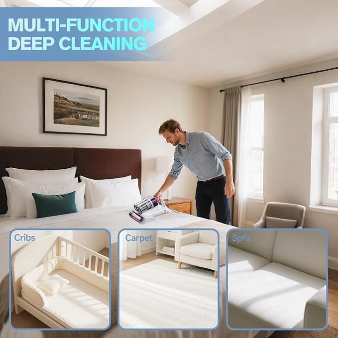 Mxnsewr Mattress Vacuum Cleaner, Ultrasonic Bed Vacuum Cleaner with 18Kpa Strong Suction, 150°F Heat & 253.7nm UV-C Light, Intelligent Dual Cup, One-Click Dust Removal for Bed, Sofa, Pet Hair, White