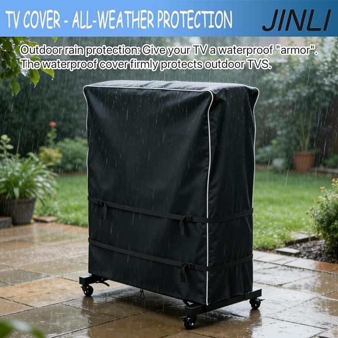 JINLI 70-75 inch outdoor TV trolley cover, courtyard TV cover, Oxford fabric waterproof and dustproof, triple windproof design, compatible with rolling/mobile stand