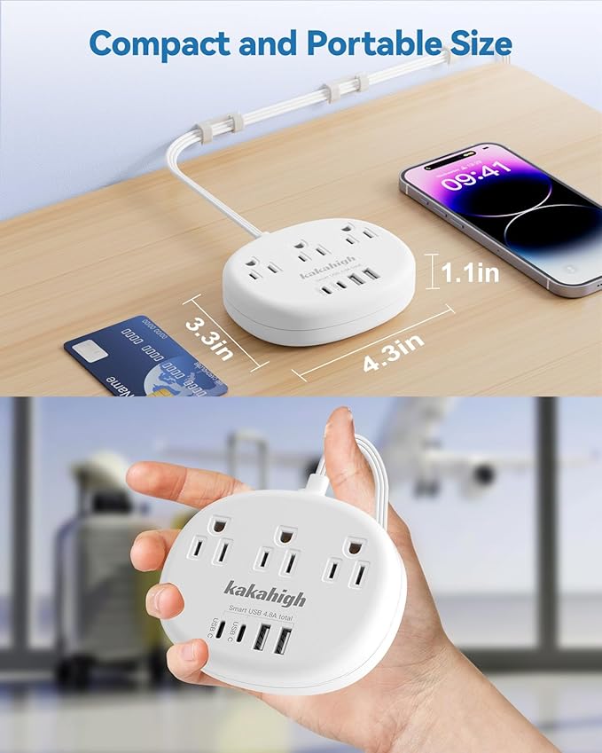 Flat Extension Cord with Outlet Cover & Cable Clips- 10 FT, 1625W Child Proof Extension Cord with 3 AC Outlet 4 USB (24W/4.8A), Flat 90 Degree Power Strip for Behind Furniture Couch Sofa TV, etc
