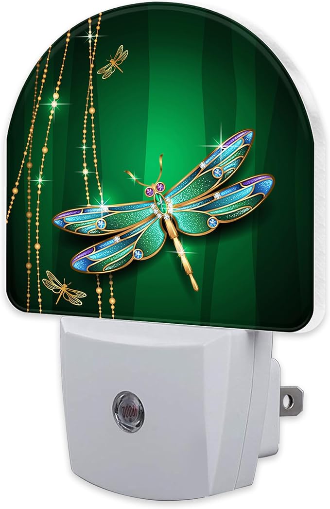 sndheke Green Jewel Dragonfly Night Light for Kids,Luxuxy Gold Dragonfly Night Light Plug in with Dusk to Dawn Sensor,0.5w Energy Saving Sleep Friendly Nightlight for Hallway Stairway Kitchen Bedroom