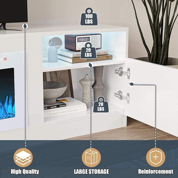 VITESSE TV Stand Fireplace with 36" inch Electric Fireplace Up to 90" TVs, LED Light Entertainment Center, 80" Modern Wood High Gloss with Highlight Storage Cabinet for Living Room (White)