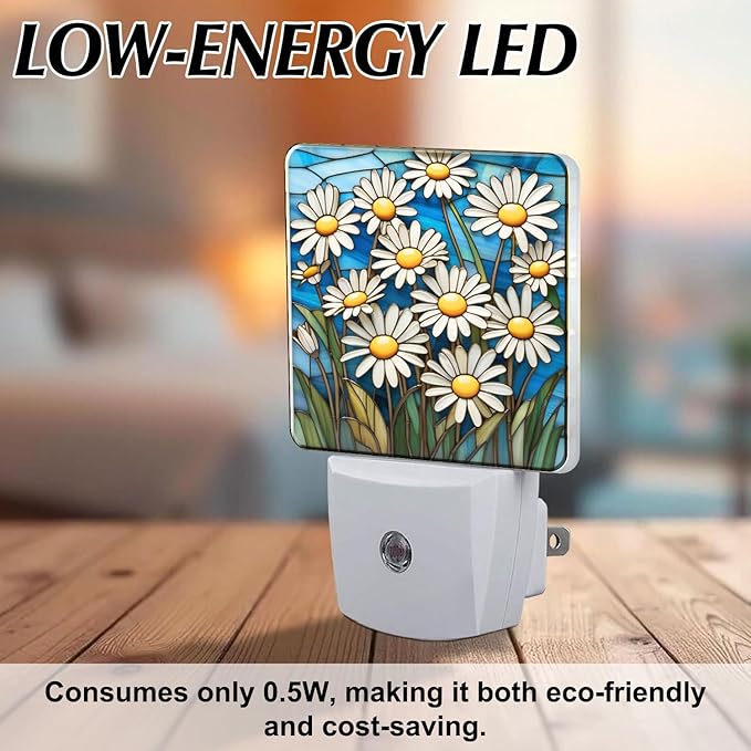 PODMemory Daisy Stained Glass Night Lights Plug into Wall for Room, Daisy Night Light LED for Bedroom