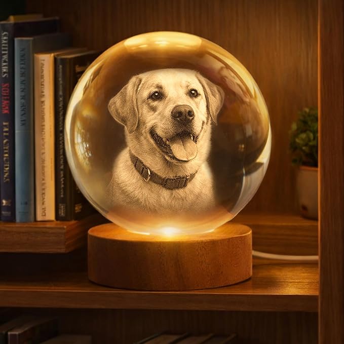 Herihues Personalized 3D Photo Crystal Ball, Custom Engraved Picture Lamp with Wood Base, Night Light for Pet Lovers, Cat Memorial Gifts, Loss of Pet Sympathy Gift Night Light, Cat Mom Gifts