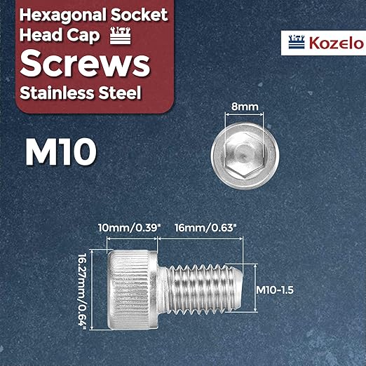 Kozelo 15pcs Socket Head Cap Screws - [M10-1.5 x 16mm] 304 Stainless Steel Allen Socket Drive for Electrical Motor 3D Printing Fan Engine Replacement Use, Silver