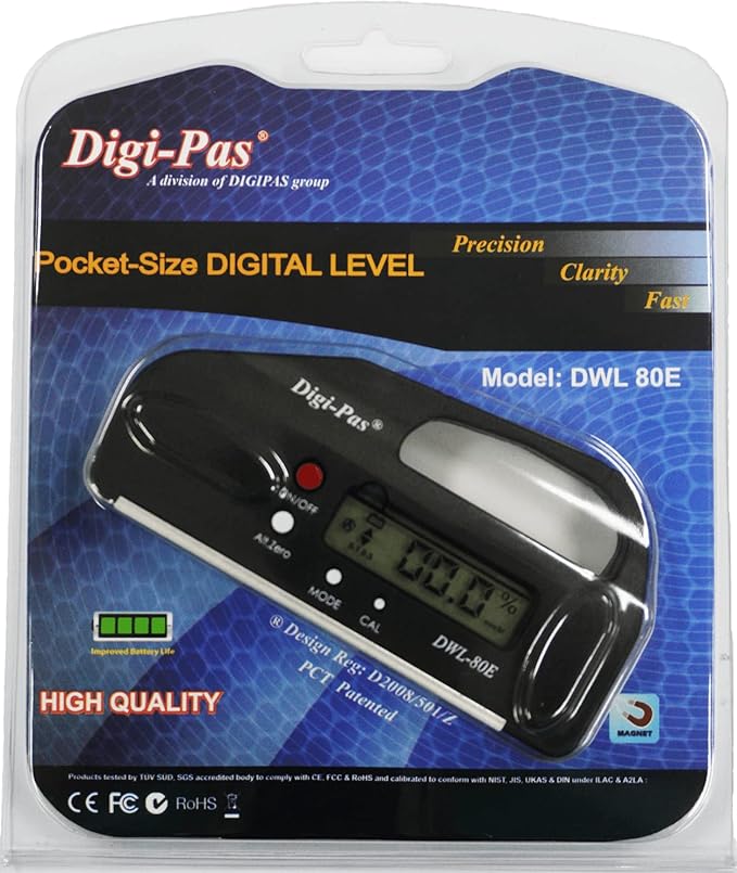 DigiPas DWL80E Pocket Size Digital Level, Electronic Angle Gauge, Protractor, Angle Finder, Bevel Gauge, 0.1°, 4 inch,Black