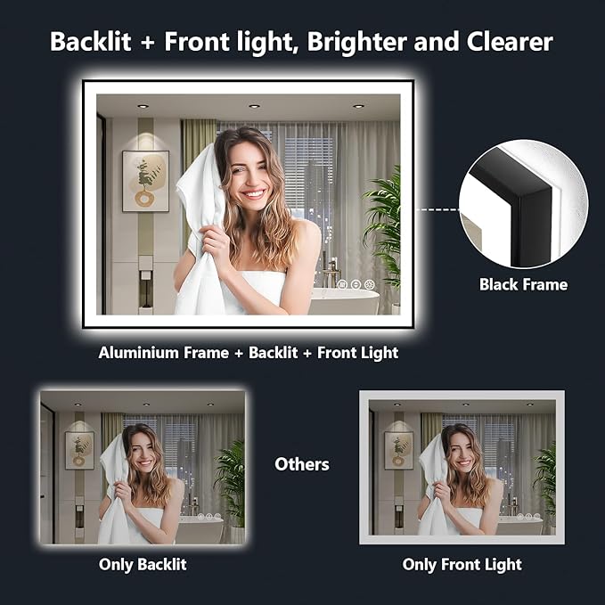 YEELAIT 40x36 Inch LED Bathroom Mirror with Lights (Front Lit and Backlit) Black Framed Lighted Vanity Mirror for Bathroom Wall Dimmable Anti-Fog Memory Tempered Glass Horizontal/Vertical