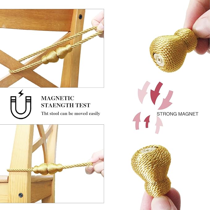 Nieffeiy Magnetic Curtain Tiebacks Outdoor Curtain Tie Backs Rope Decorative Magnetic Curtain Holders for Drapes Window Treatment Holdbacks, Gold 4Pack