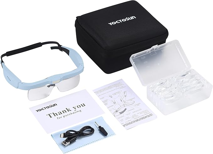 YOCTOSUN Magnifying Glasses for Close Work with 3 LED Lights, Storage Case, Head Strap and 5 Detachable Lenses 0.75X,1.25X,2.0X,3.0X 4.0X, Headset Magnifier for Jewelry, Hobby & Crafts
