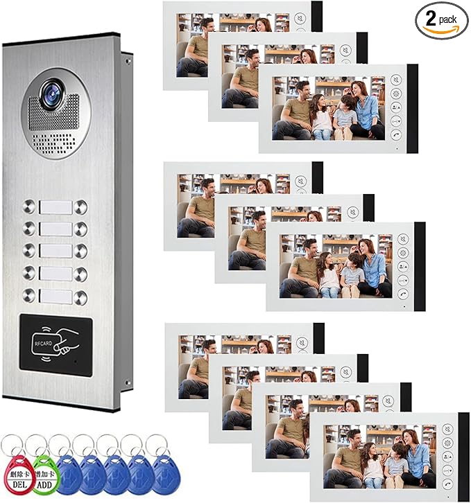 Wired Video Multifamily Apartment Intercom System,2/3/4/6/8/10/12 Units 7 inch Monitor Video Door Phone Kit,Video Doorbell, ID Card Unlock, 2 Way Audio for Home (1 doorbell + 10 Monitor)