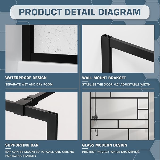 Goodyo 46 in. W x 72 in. H Bathroom Shower Glass Door Framed Tempered Clear Glass Shower Screen Panel for Walk-in Bathroom, Multiple Grid Pattern, 3-Pieces Glass, Matte Black
