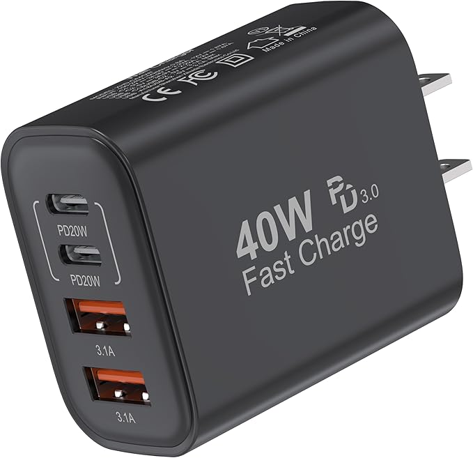TT&C USB C Block 40W, 4 Ports Wall Plug Fast Charging Block, PD+QC Multiport Power Adapter USB C Charger Type C for iPhone 17, 17 Air, 17 Pro, 17 Pro Max, 16,15,14,13,12 Galaxy Phones-(Black 1Pack)
