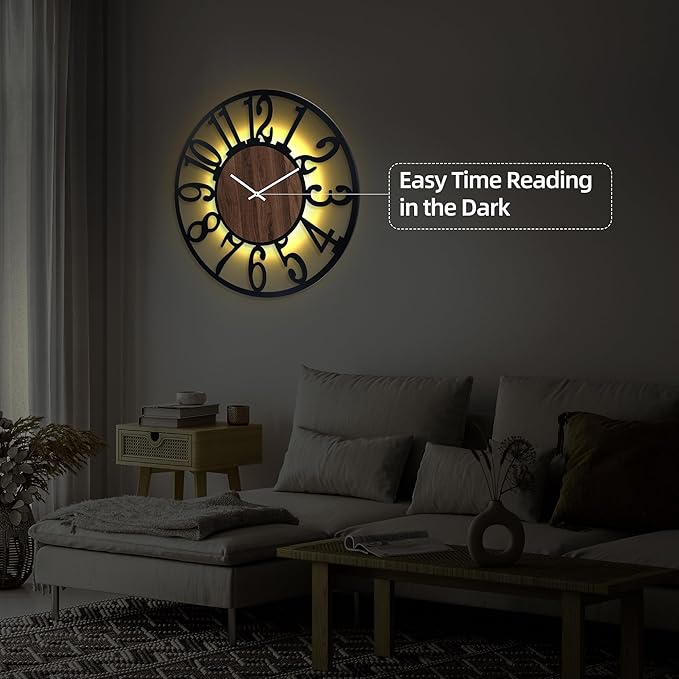 Casaformia 32'' Large Silent Wall Clock with Night Light, Glow in The Dark Decorative Wall Clock Battery Operated, Rustic Modern Metal & Wood Clocks for Bedroom Living Room Decor, Arabic Numerals