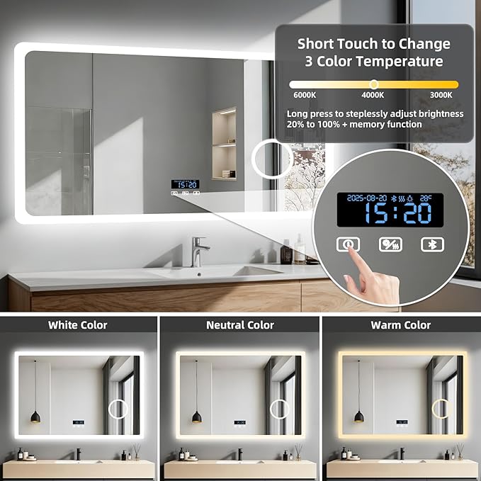 LUVODI Bathroom LED Wall Mirror: 48x24 inch Rectangle Makeup Vanity with Lights Bluetooth Speaker, Time Display, Magnifier, Anti-Fog, Memory Function, 3 Color Temperature