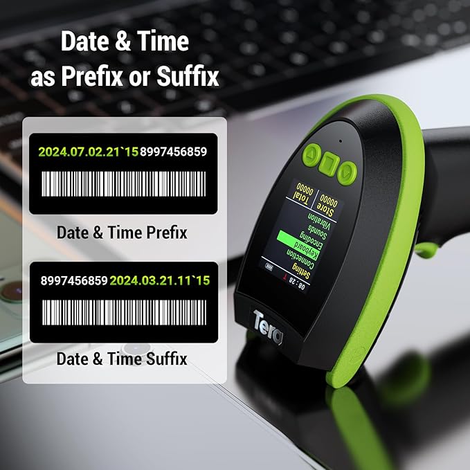 Tera Barcode Scanner Wireless 2D QR with Stand: Digital Setting Screen Keypad Pro Version Extra Fast Scanning Speed Works with Bluetooth 2.4G Wireless USB Wired Bar Code Reader HW0009-Z Green
