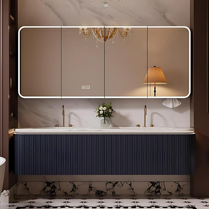 Bathroom Vanity with Double Sinks - LED Smart Defogging Mirror & Equipped with Tissue Hole | Modern Double Sink Bathroom Cabinet, 2 Drawers & Wavy Panel, Dark Blue (Mirror Cabinet, 76IN)