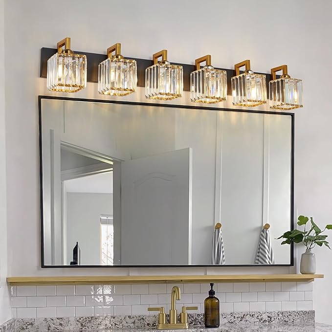 FDPBY Modern Bathroom Vanity Light 6-Lights Black Gold Crystal Wall Lamp Bathroom Modern Crystal Vanity Lighting