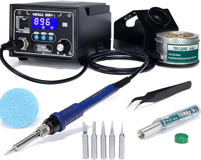 YIHUA 939D+ I Soldering Station, Upgraded, 75 Watt Equivalent with 3 Memories, °C/°F LCD display, Sleep Function, Automatic Shutdown & Brushed Aluminum Panel(Iron-burn Resistant)