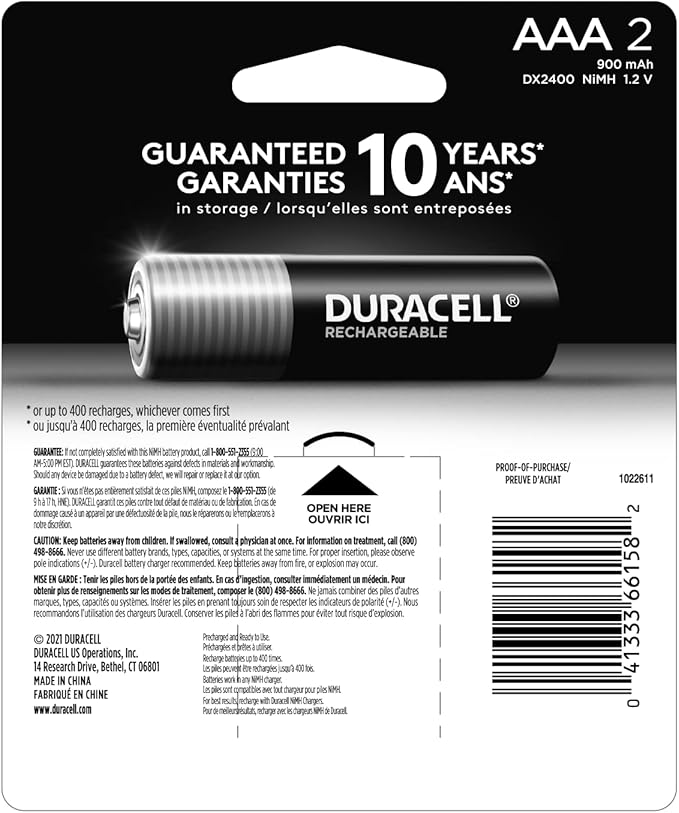 Duracell Rechargeable AAA Batteries, 2 Count (Pack of 1), Triple A Battery for Long-lasting Power, All-Purpose Pre-Charged Battery for Household and Business Devices
