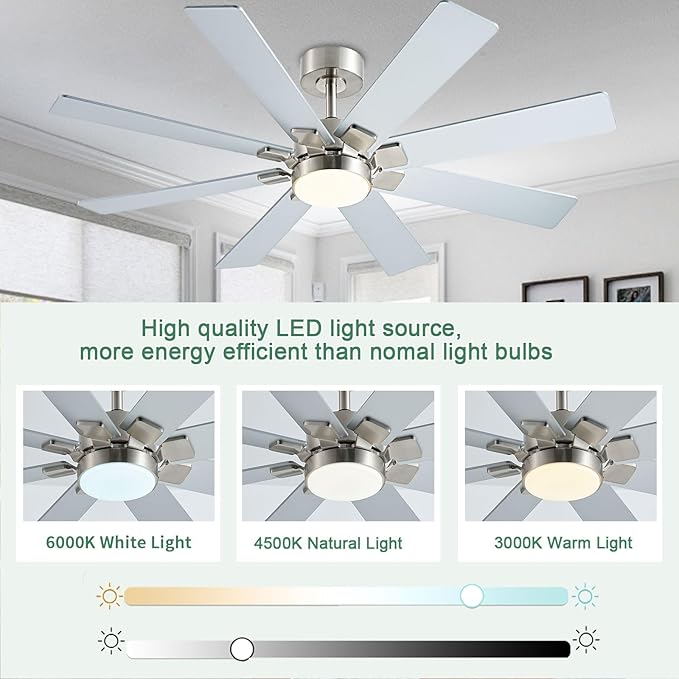 KNUN Nickel 48 Inch Ceiling Fans with Lights and Remote/APP Control, Low Profile Ceiling Fan, 8 Blades，LED Dimmable, Reversible DC Motor, Noiseless, Ceiling Fan for Bedroom Indoor/Outdoor Use