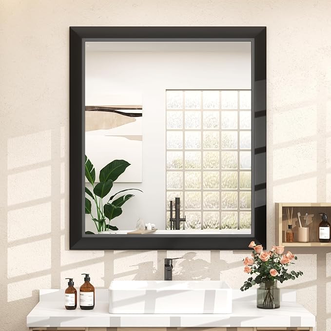 SMIROR Matte Black Bathroom Mirror for Over Sink 28x 32 inch, Metal Thick Frame Rectangle Vanity Mirror for Wall, Anti-Rust, Horizontally or Vertically Mounted