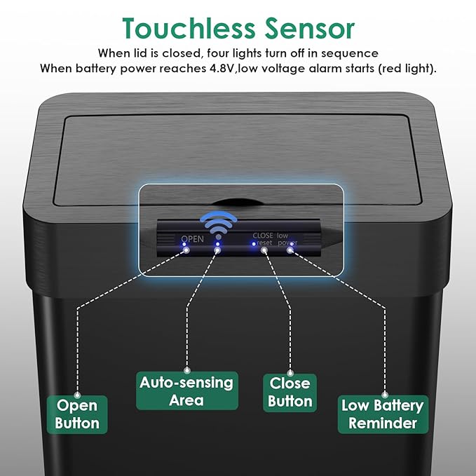 Arlopu Automatic Trash Can,Sensor Motion Stainless Steel Garbage Bin, Touchless Smart Waste Bin, W/Stay-Open, Soft Close Lid, Display Light for Kithchen, Living Room, Office (Black, 18.5gal)
