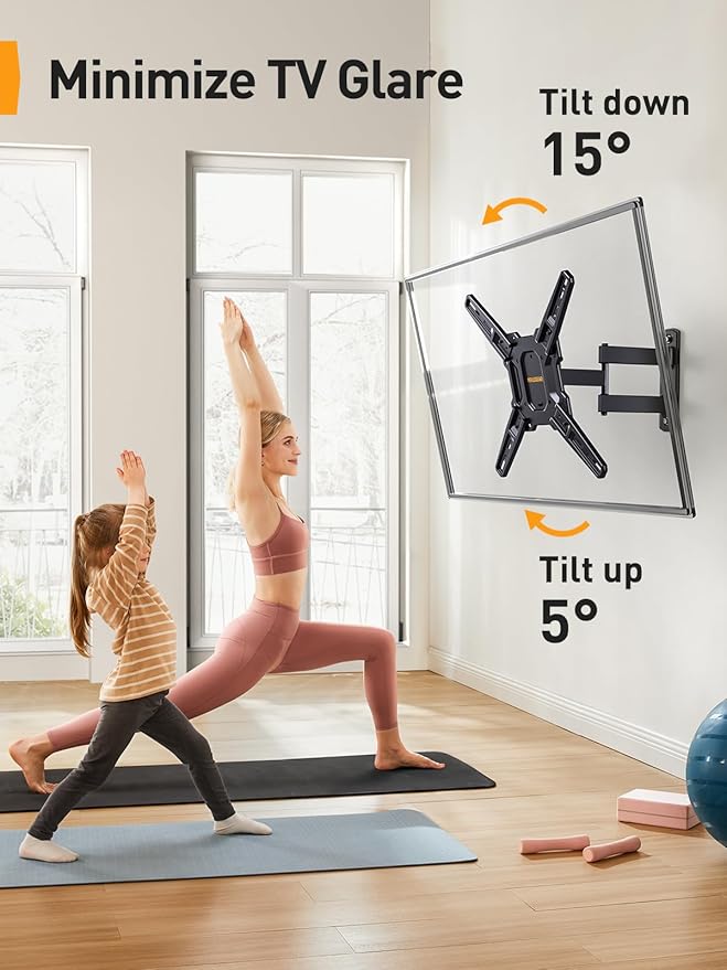 Perlegear Full Motion TV Mount for Most 26–65 inch Flat or Curved TVs up to 82 lbs, Wall Mount TV Bracket with Articulating Arms, Tool-Free Tilt, Swivel, Extension, Max VESA 400x400mm, PGMF3