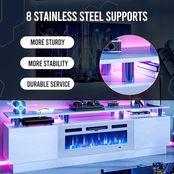 oneinmil 80" Modern Electric Fireplace TV Stand for TVs Up to 90 inch, with Electronic Flame and LED Lights, Luxury High Gloss Finish Entertainment Center, TV Console Cabinet for Living Room, White