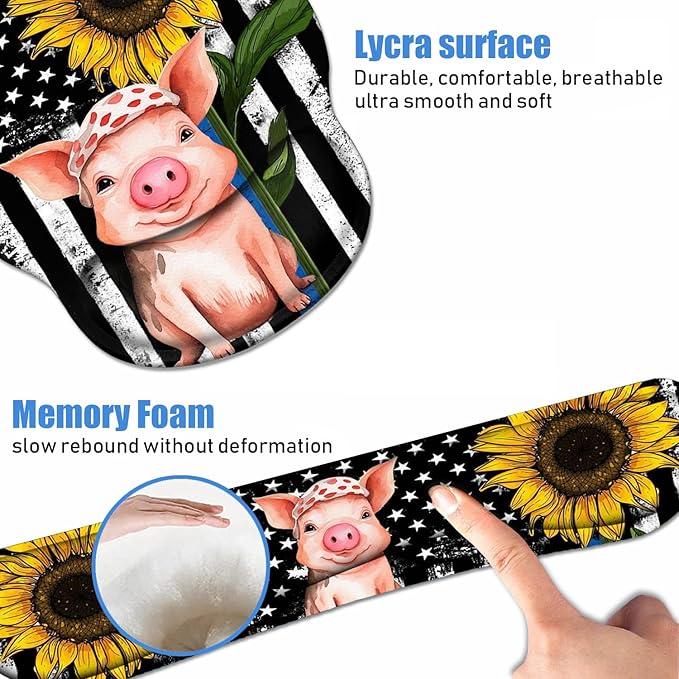 Keyboard Wrist Rest + Mouse Pad Wrist Support Set with Coasters, Non-Slip PU Base Ergonomic Mousepad for Home Office Working Studying Easy Typing & Pain Relief, American Flag Sunflower and Cute Pig